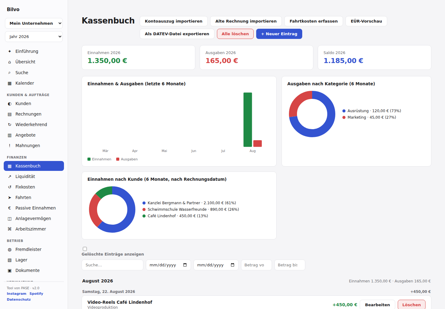 Kassenbuch mit Auswertungen in Bilvo