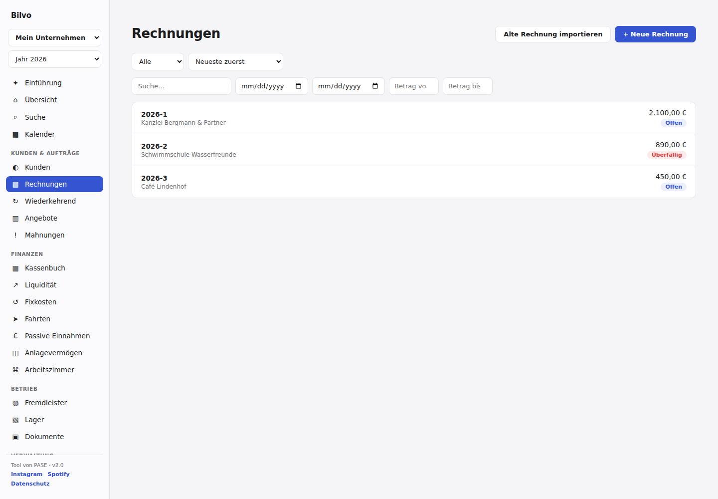 Rechnungsübersicht in Bilvo